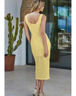 Sosandar Yellow Crochet Ring Detail Midi Dress