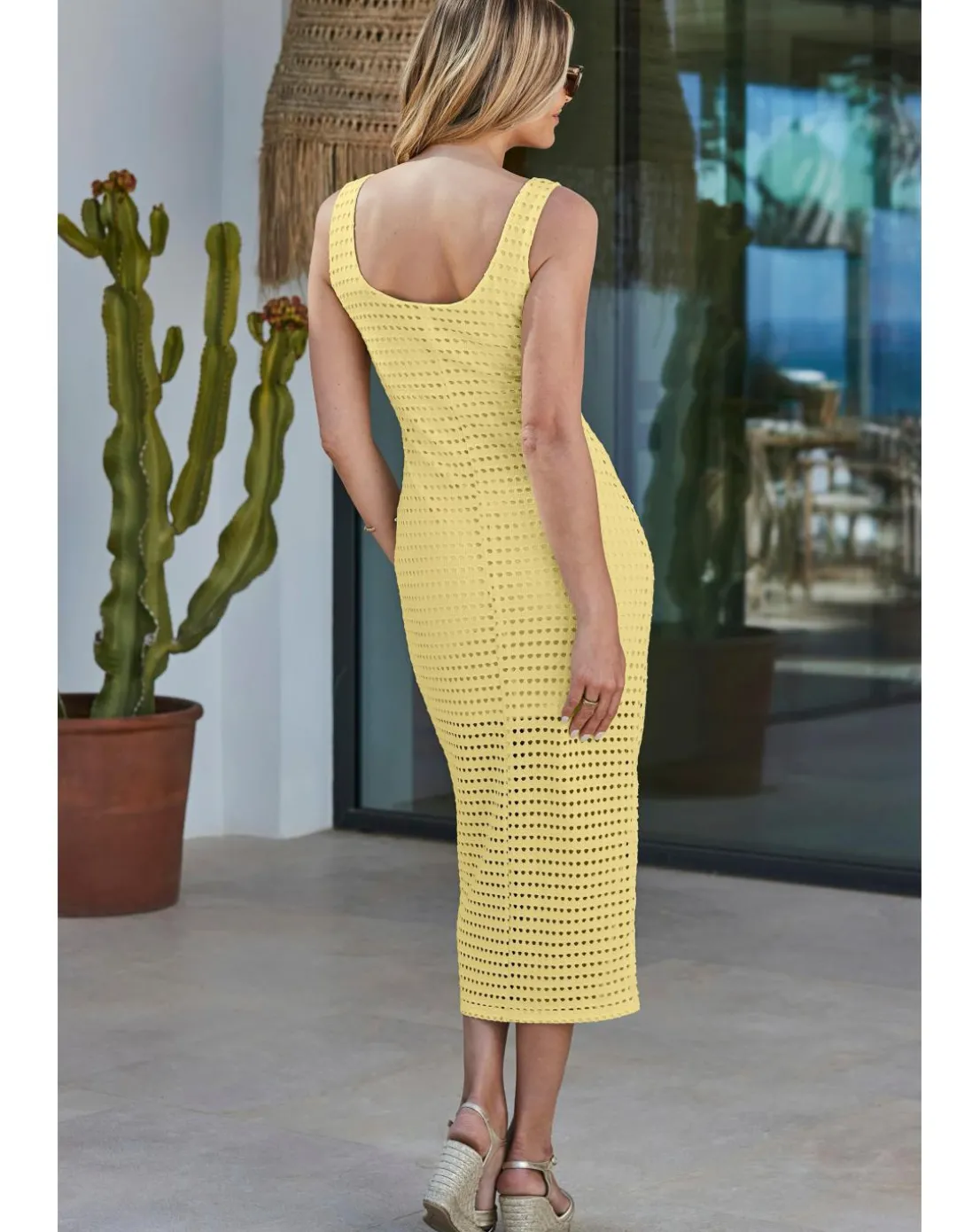 Sosandar Yellow Crochet Ring Detail Midi Dress
