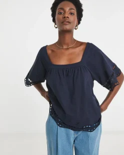 Square Neck Broderie Sleeve and Hem Top