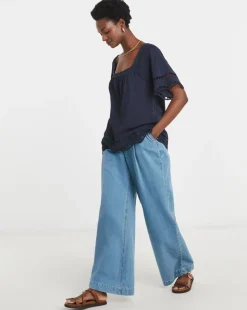 Square Neck Broderie Sleeve and Hem Top