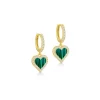 Sterling Silver Yellow Gold Plated Malachite and CZ Heart Hoop Drop Earrings
