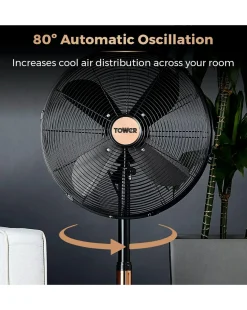 Tower 16 Inch Cavaletto Metal Black and Rose Gold Stand Fan