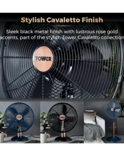 Tower 16 Inch Cavaletto Metal Black and Rose Gold Stand Fan