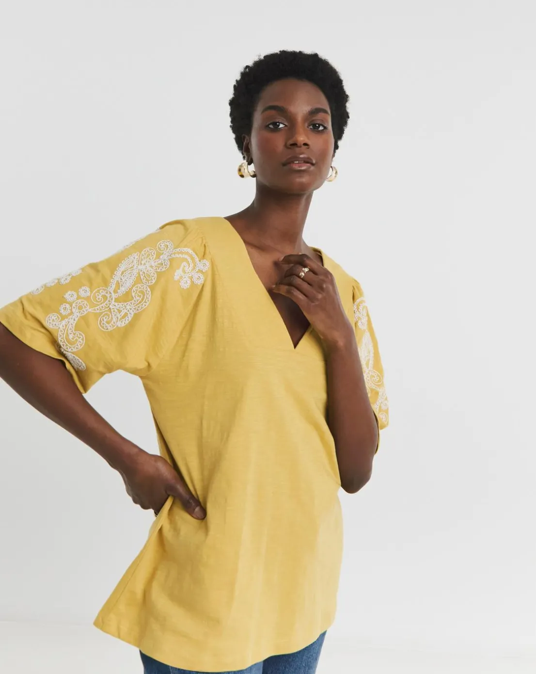 V Neck Embriodered Sleeve Top