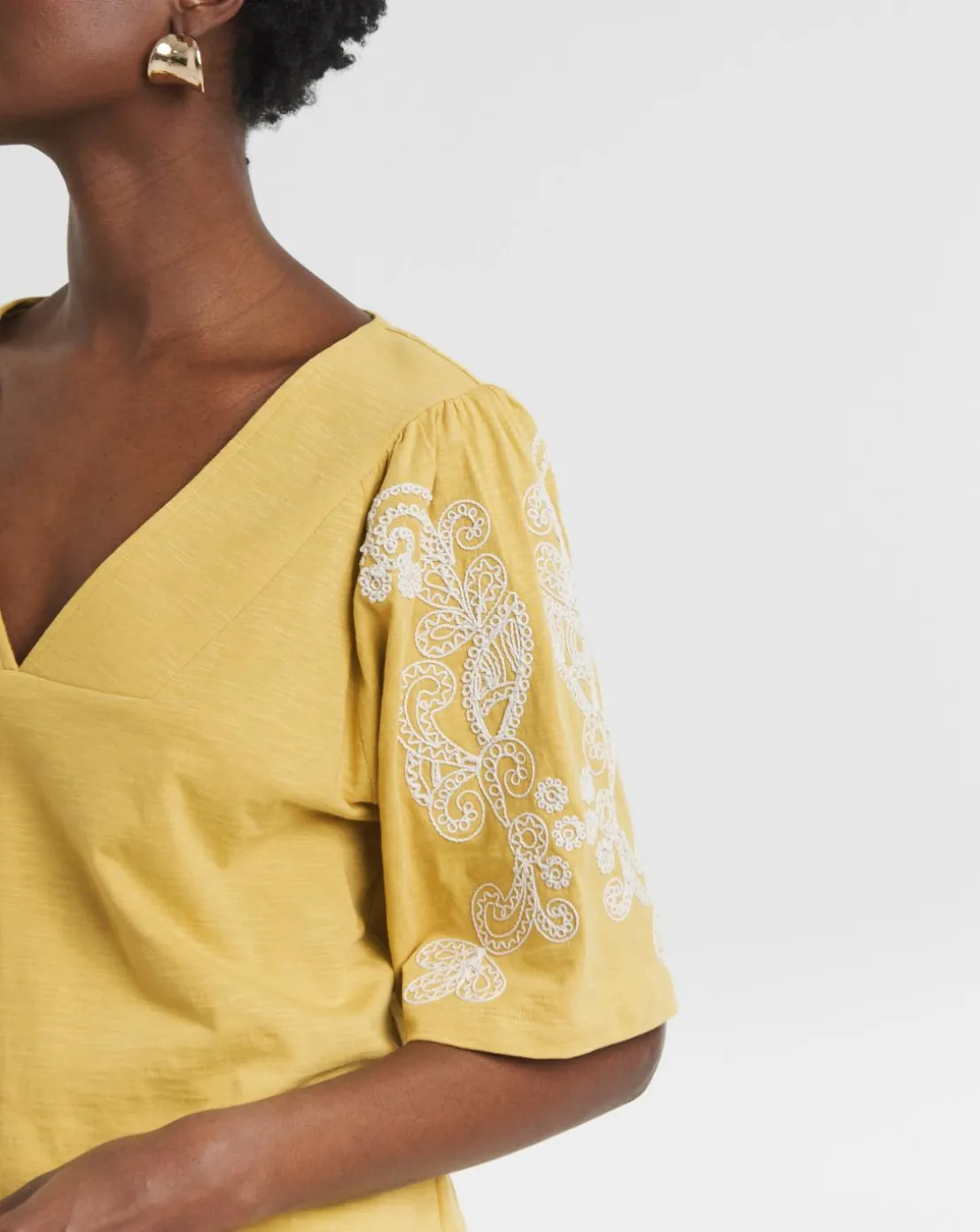 V Neck Embriodered Sleeve Top