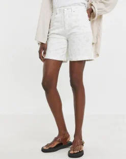 White Floral Embroidered Denim Shorts