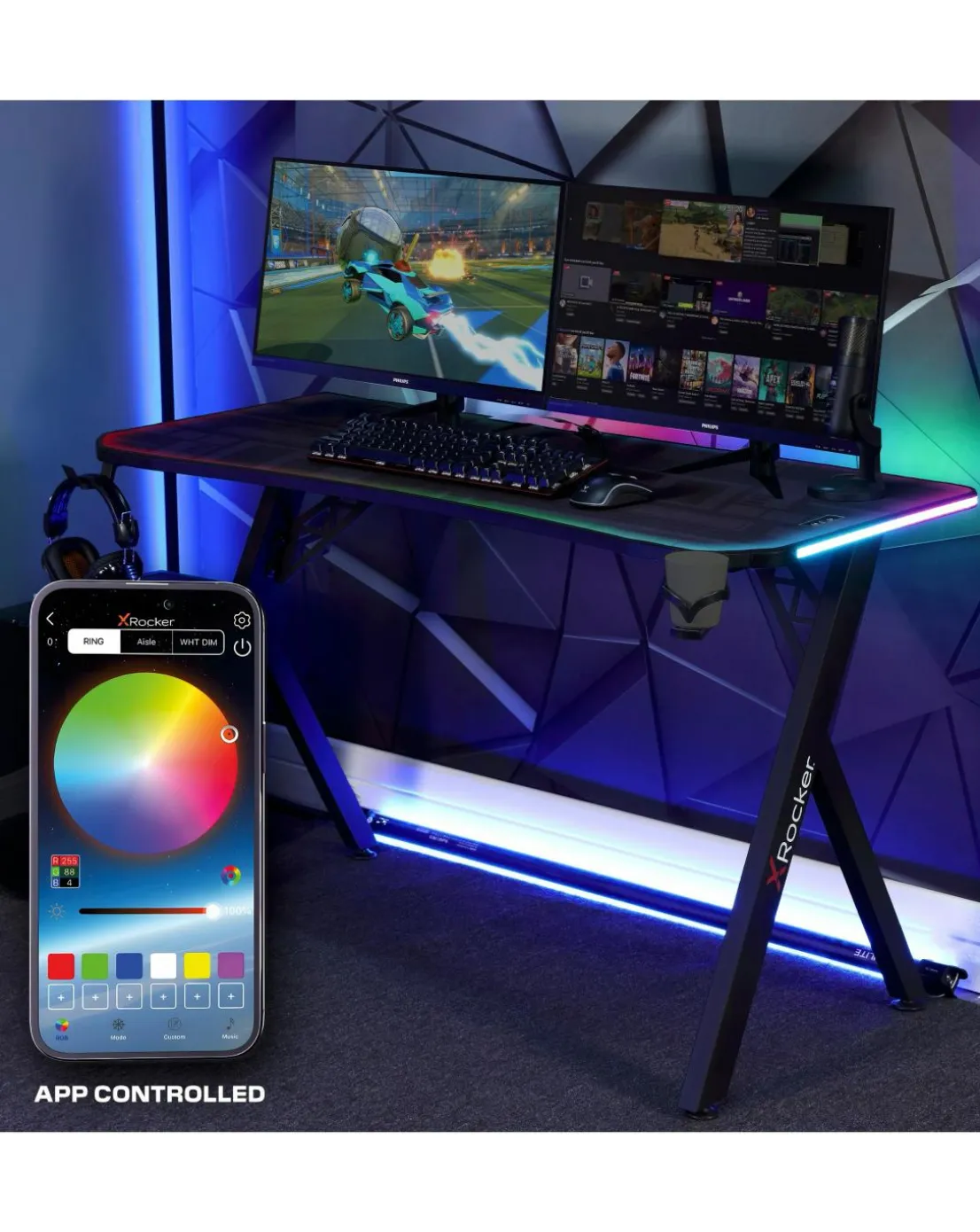 X Rocker Lumio XL Gaming Desk with 3 Sided App-Controlled LED Lighting