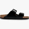 Birkenstock Arizona Birko-Flor Black Patent Two Bar Mules Narrow Width
