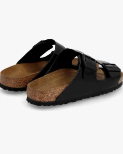 Birkenstock Arizona Birko-Flor Black Patent Two Bar Mules Narrow Width