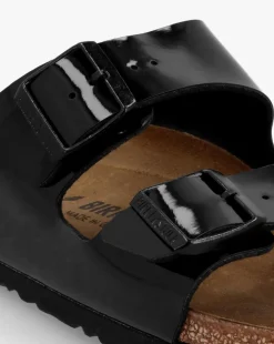 Birkenstock Arizona Birko-Flor Black Patent Two Bar Mules Narrow Width