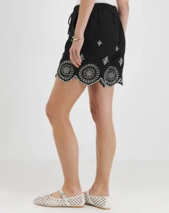 Black Linen Mix Broderie Hem Shorts
