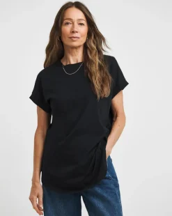 Black Longline Short Sleeve Curved Hem Top