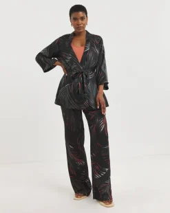 Black Palm Print Satin Wide Leg Trousers