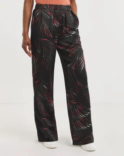 Black Palm Print Satin Wide Leg Trousers