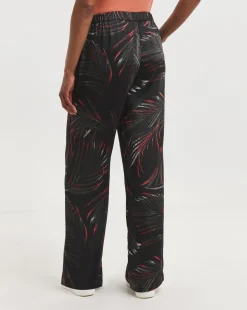 Black Palm Print Satin Wide Leg Trousers