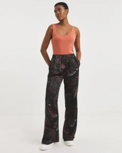 Black Palm Print Satin Wide Leg Trousers