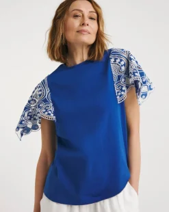 Crew Neck Broderie Angel Sleeve Top