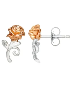Disney Beauty & The Beast Two Tone Sterling Silver Rose Stud Earrings