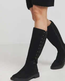 Farley Side Lace Up Flat Knee High Boots Wide E Fit Super Curvy Calf