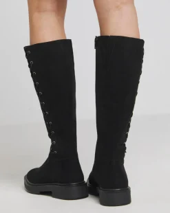 Farley Side Lace Up Flat Knee High Boots Wide E Fit Super Curvy Calf