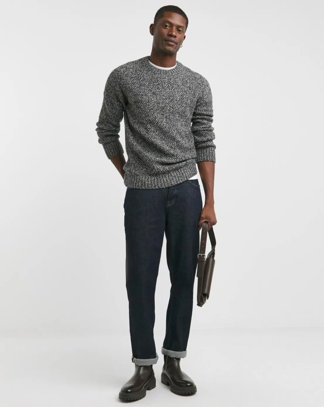 Grey Twist Wool Blend Crew Neck Jumper