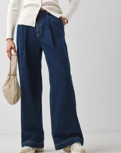 Mid Blue Pleat Front Wide Leg Jeans