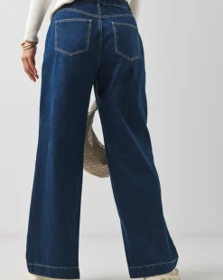 Mid Blue Pleat Front Wide Leg Jeans