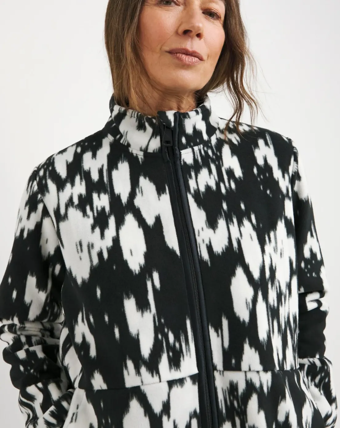 Mono Print Fleece Longline Zip Through Jacket