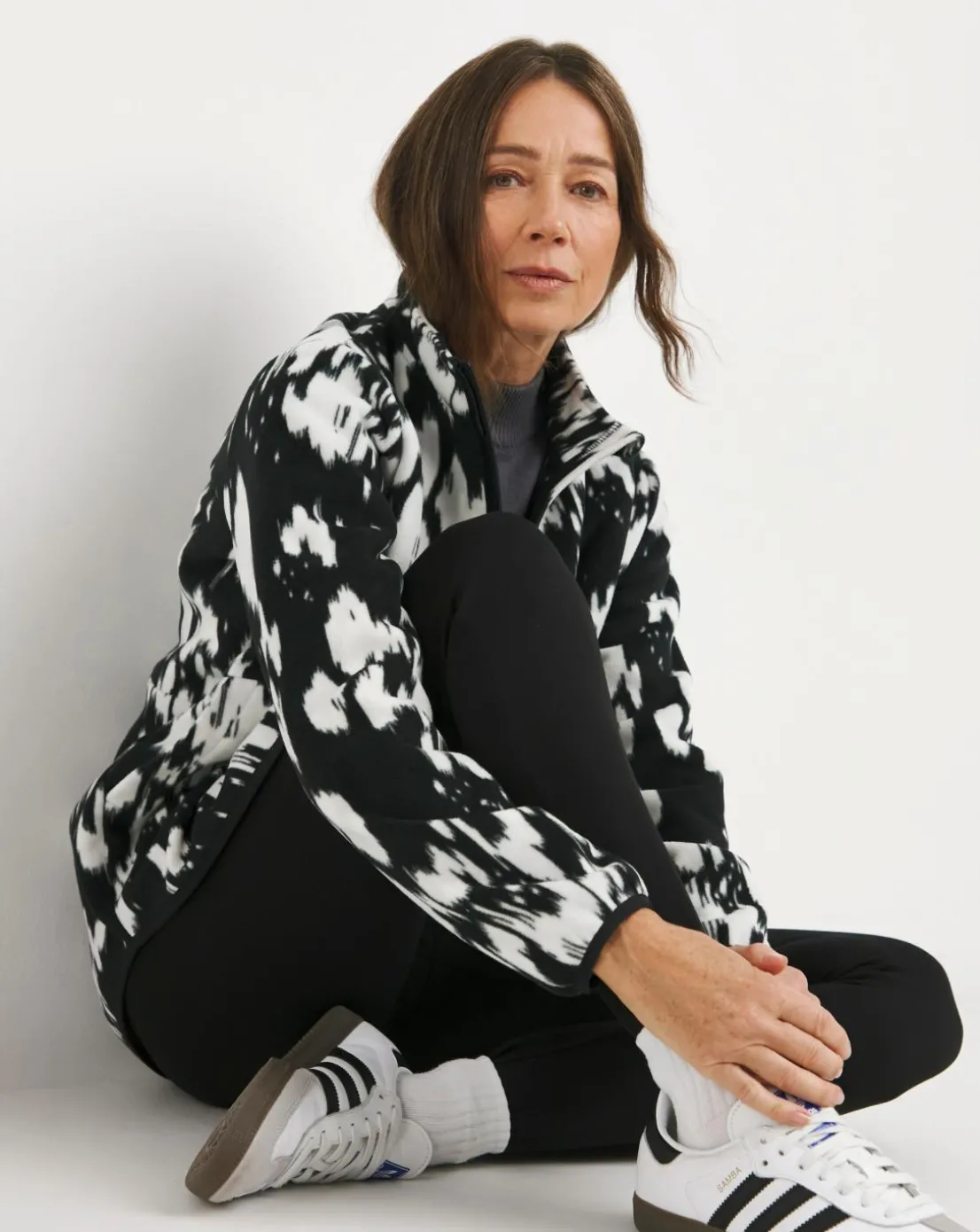 Mono Print Fleece Longline Zip Through Jacket