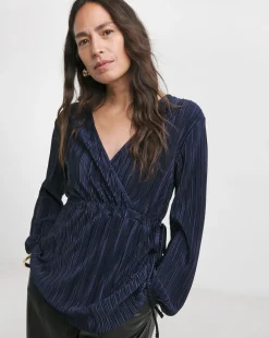Navy Plisse V Neck Longline Wrap Top