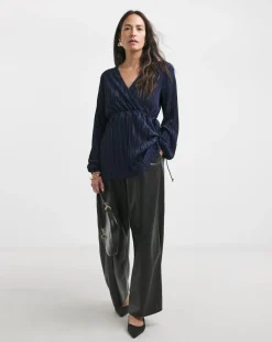 Navy Plisse V Neck Longline Wrap Top