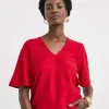 Red Broderie V-Neck Angel Sleeve Top