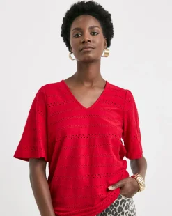 Red Broderie V-Neck Angel Sleeve Top
