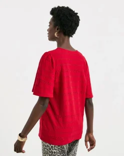 Red Broderie V-Neck Angel Sleeve Top