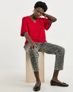 Red Broderie V-Neck Angel Sleeve Top