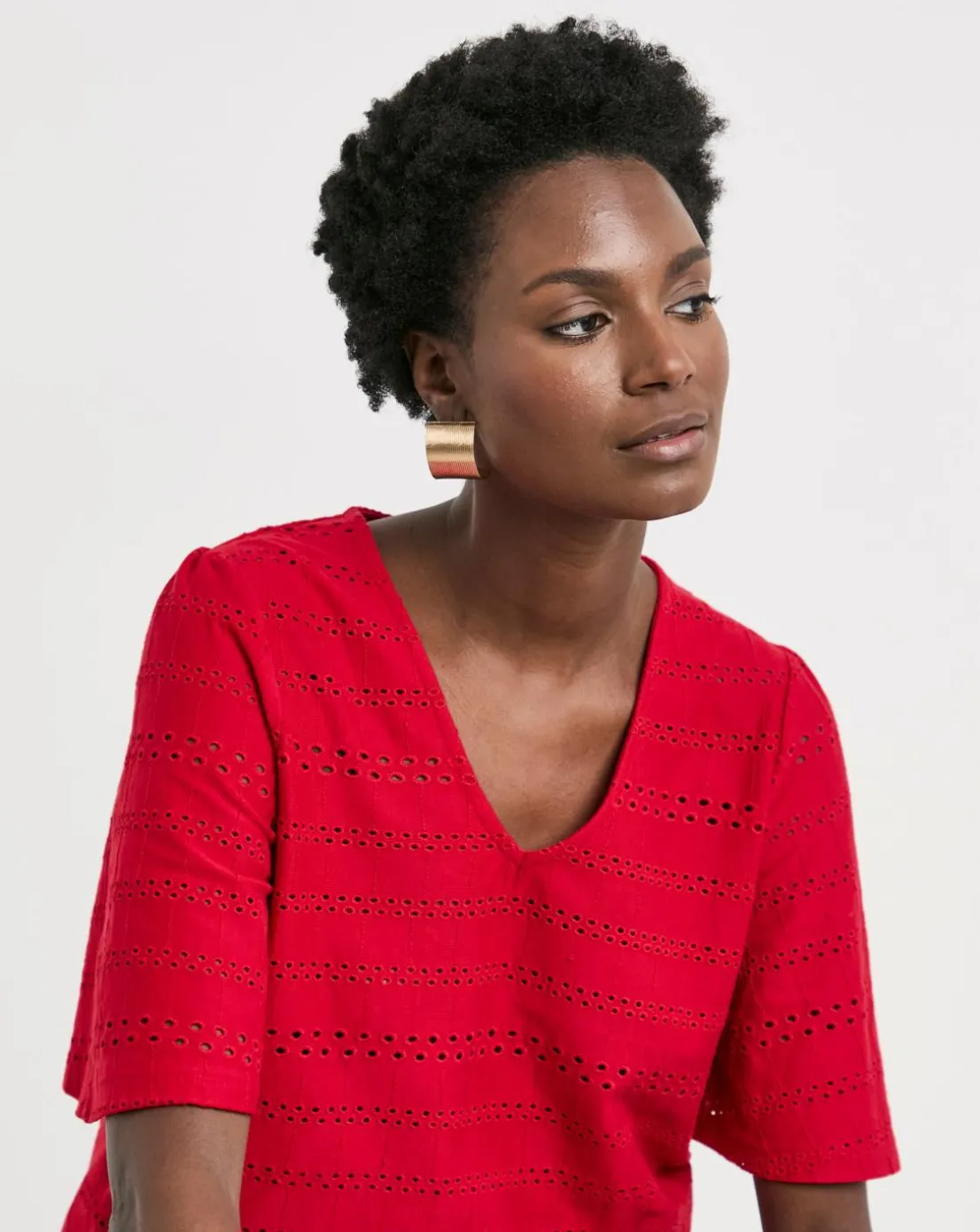 Red Broderie V-Neck Angel Sleeve Top