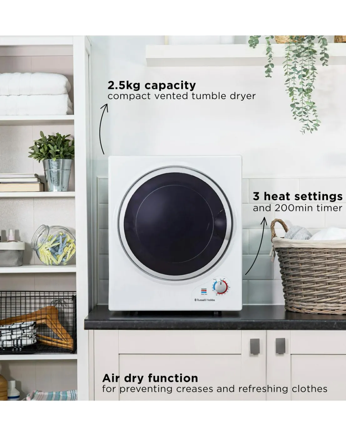 Russell Hobbs RH3VTD800 2.5kg Compact Vented Tumble Dryer - White