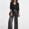 Silver Metallic Plisse Wide Leg Trousers