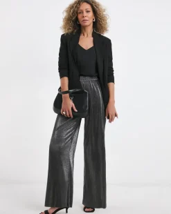 Silver Metallic Plisse Wide Leg Trousers