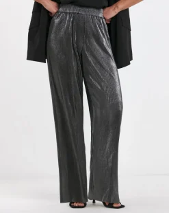 Silver Metallic Plisse Wide Leg Trousers