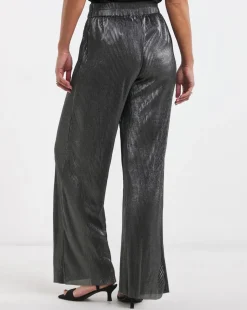 Silver Metallic Plisse Wide Leg Trousers